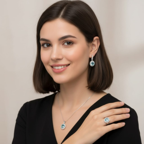 925 Ayar Gümüş, 3 Parçadan Oluşan Özel Tasarım, Göz Alıcı Mavi Işıltılı Set